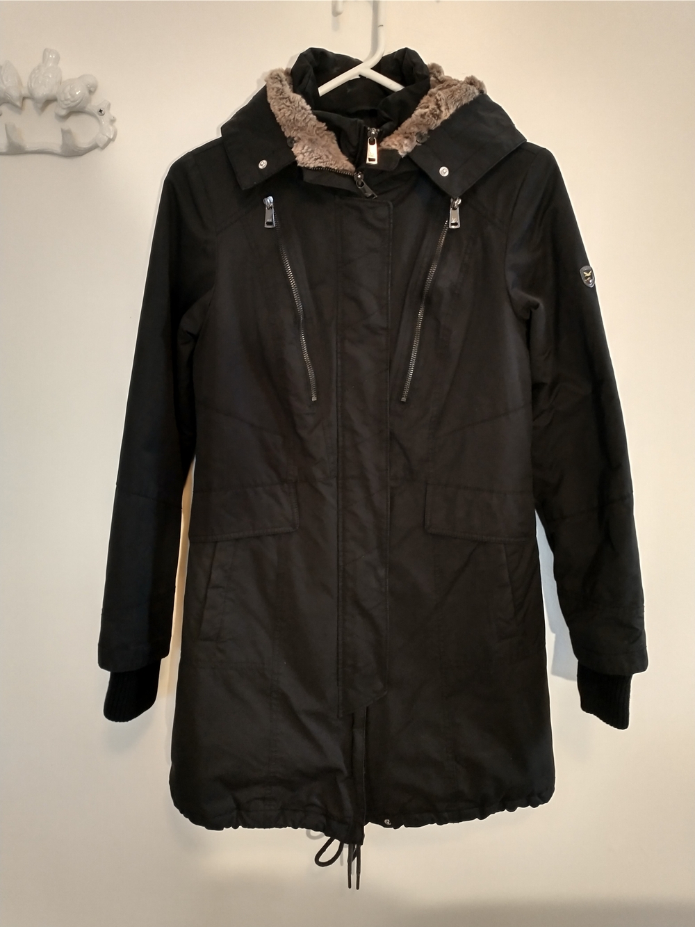 Women's Black Hooded Parka Coat with Faux Fur Trim